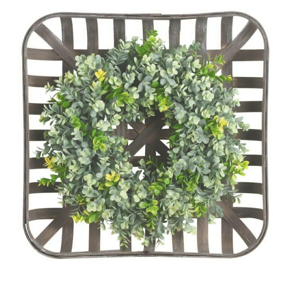 Farmhouse Tabacco Basket with Boxwood Wreath